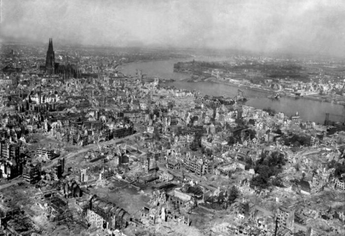 The Cologne Cathedral stands tall amidst the ruins of the city after ... Central cologne evacuated after discovery wartime bombs