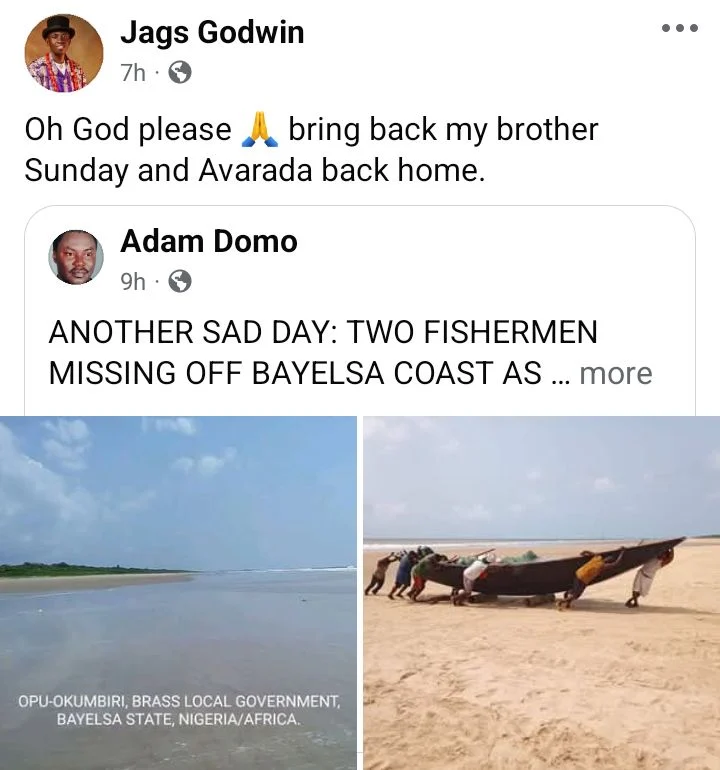 Two fishermen missing as boat capsizes in Bayelsa