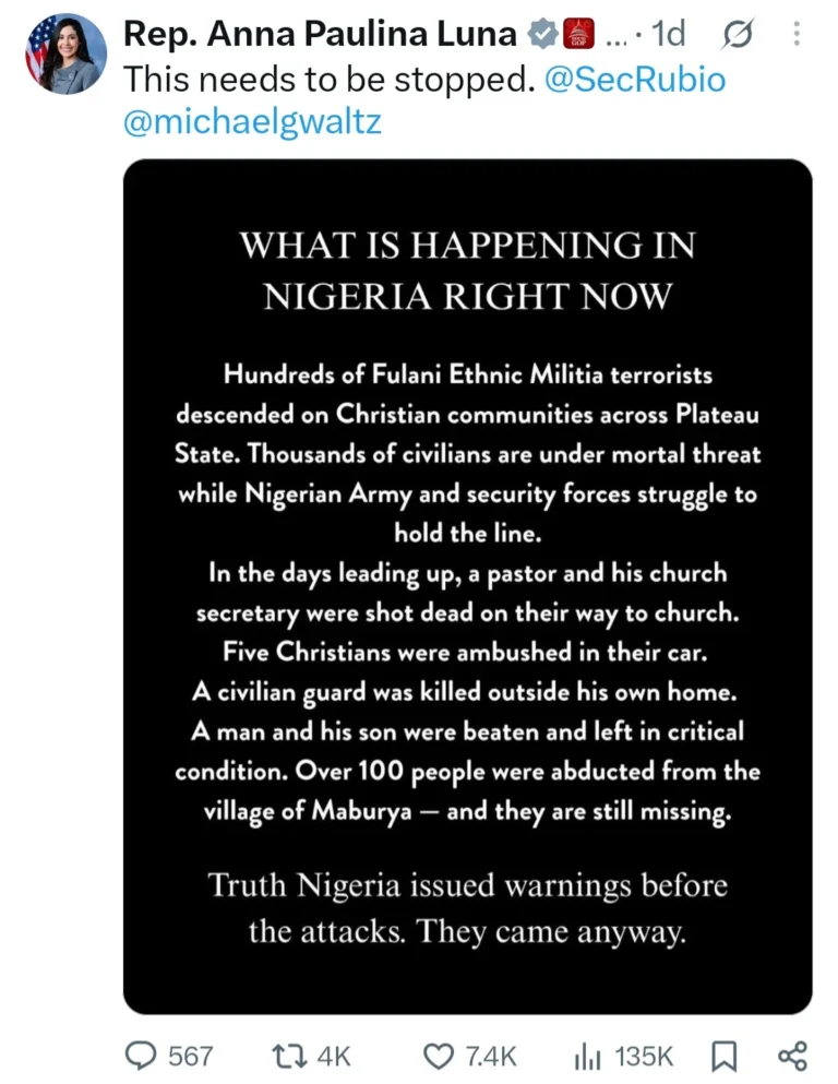 US Representative Anna Paulina Luna Raises Alarm Over Escalating Violence Against Christians in Plateau State Nigeria