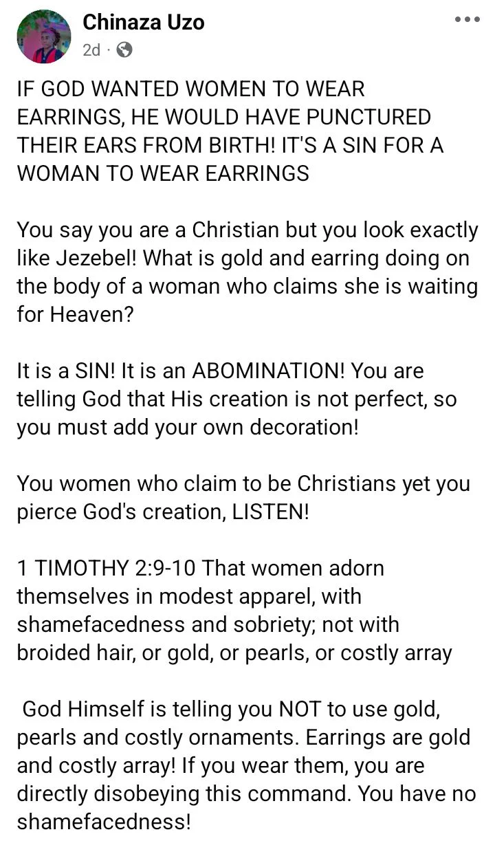 Earrings are abomination of Jezebel and a rebellion against the Creator – Nigerian woman tells women