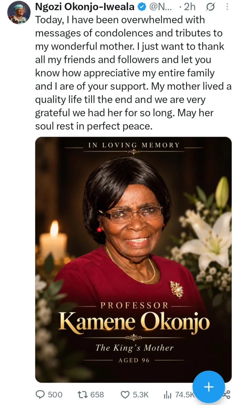 Ngozi Okonjo-Iweala’s mother, Prof Kamene Okonjo passes away at 96